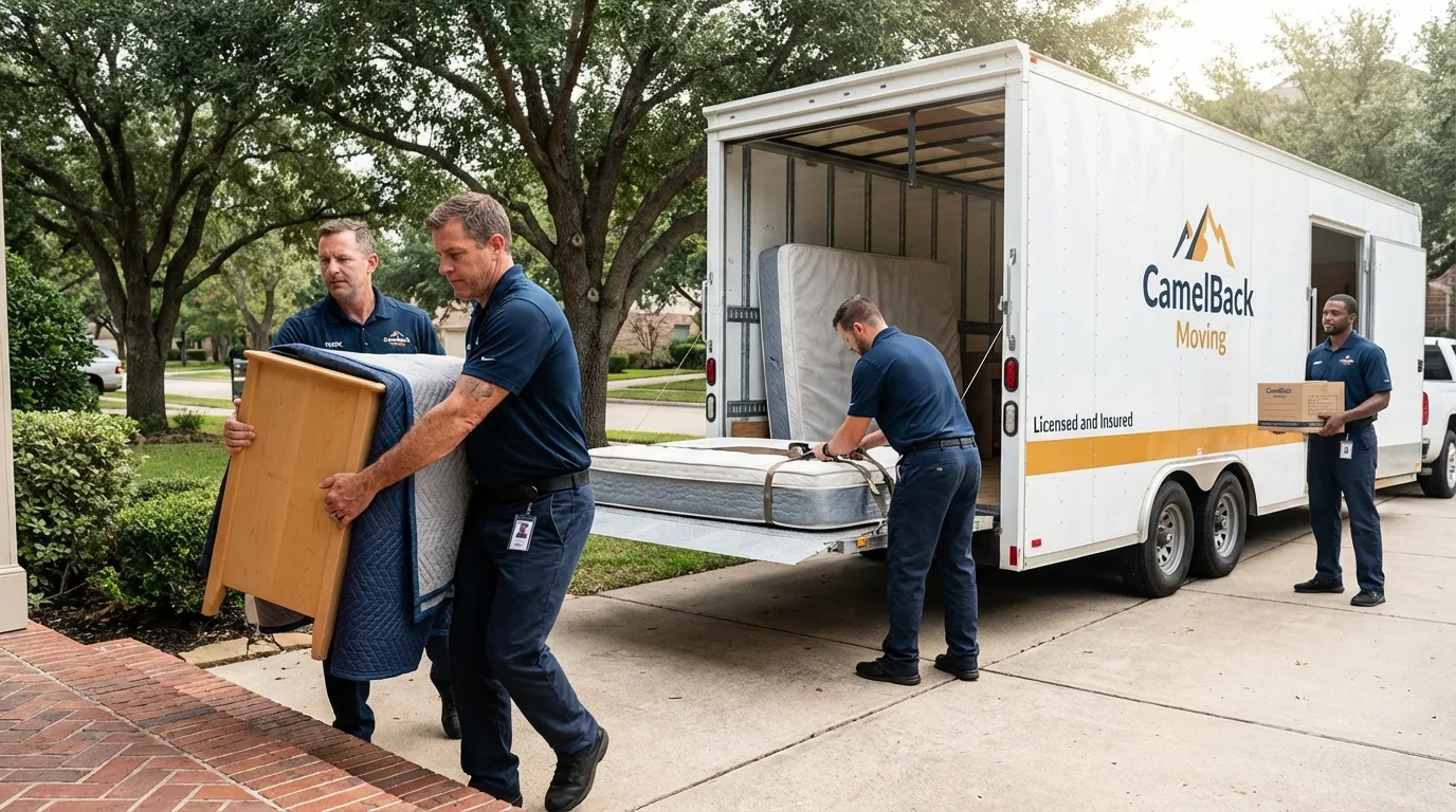 Crew loading residential truck for cross-state move from Great Bend, KS
