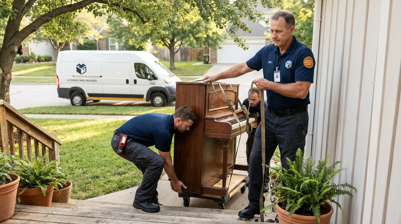 Licensed piano movers securing grand piano in Great Bend, KS