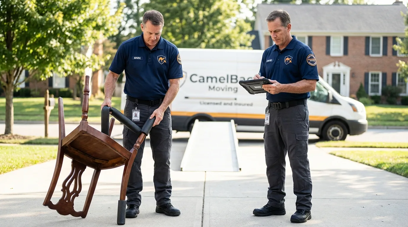Movers inspecting furniture for damage prevention before loading in Great Bend, KS