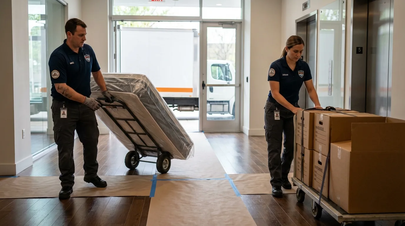 Professional apartment movers loading elevator in Great Bend, KS