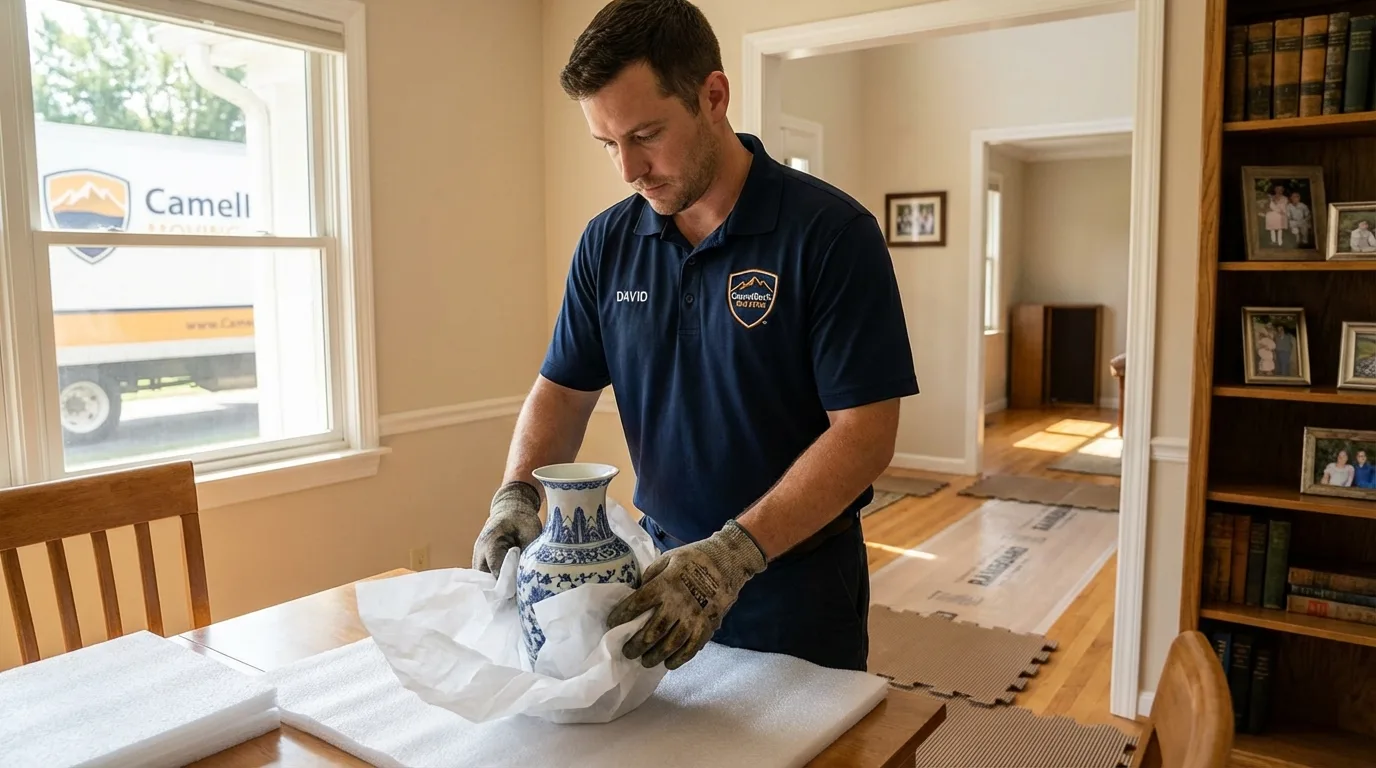 Professional crew carefully wrapping antique vase for senior downsizing move in Great Bend, KS